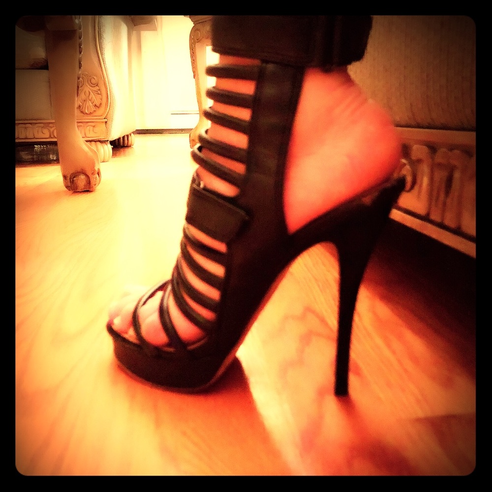 L.A.M.B. Black cage like strappy stilettos
